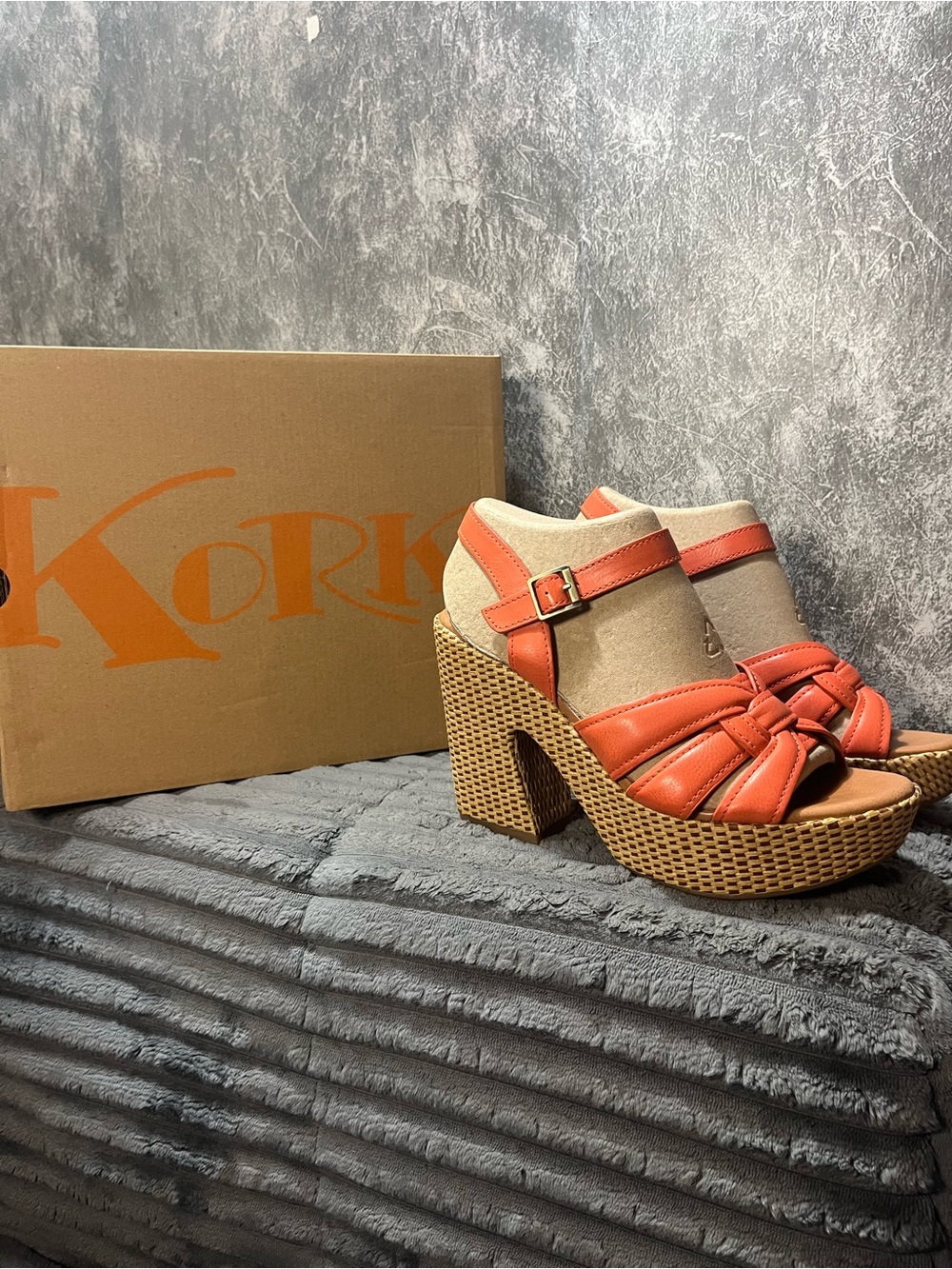 Kork-Ease Coral and Beige Woven Platform Sandals